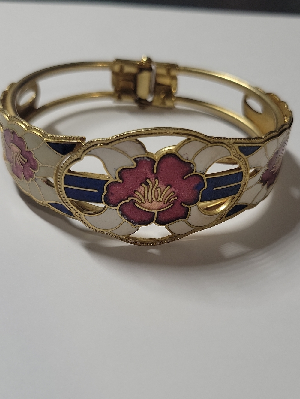 Gold-Tone Floral Enamel Bracelet with Pink and Blue Accents